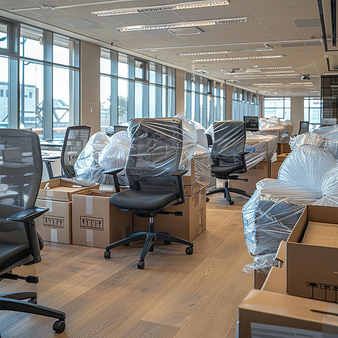 Modern Office Room Prepared for Relocation, Featuring Plastic-Wrapped Chairs and Packed Furniture Tables, Ready for Professional Moving Service