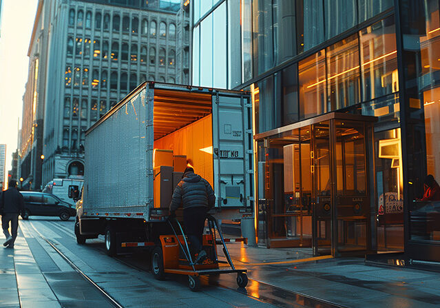 Professional Movers Unloading Truck into High-Rise Building at Sunrise